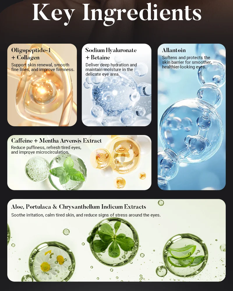 Graphic showcasing key skincare ingredients including collagen, hyaluronate, allantoin, caffeine, mentha extract, aloe, portulaca, and chrysanthemum indicum extracts with their respective benefits.